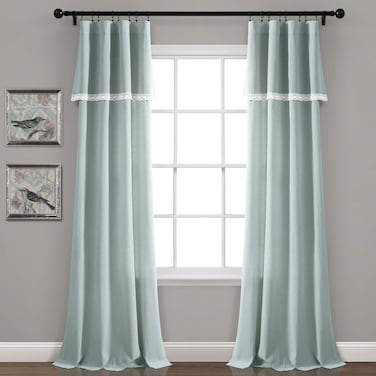 Lush Decor Linen Lace Window Curtain Panel Pair, 84" x 38", Blue