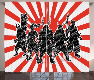 Ambesonne Japanese Curtains, Group of Samurai Ninja Posing and Getting Ready on Unusual Striped Retro Backdrop, Living Room Bedroom Window Drapes 2 Panel Set, 108" X 90", Black Red
