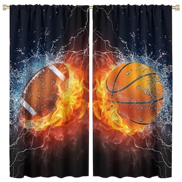 American Football Kid Decor Curtains, Sports Theme Basketball Water Flame Lightning Window Drapes, for Boy Teen Men Living Room Bedroom 21(W)*45(L) 2 Panels (Decorative), Style-2