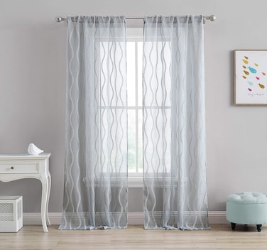 Laura Ashley Wavy Sheer Curtains with Rod Pocket, Each Panel Measures 38" W x 84" L, Silver, 2 Panels