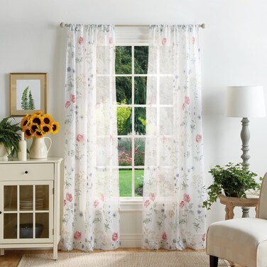 Martha Stewart Marthas Garden Floral Semi-Sheer Rod Pocket Window Curtain Panel Pair, 84", Multi
