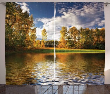 Ambesonne Rustic Curtains, Summer Forest Birchs and Calm Lake in Sunny Day Partly Clouds at Sky Image, Living Room Bedroom Window Drapes 2 Panel Set, 108" X 84", Orange Green