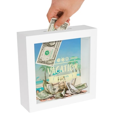 Americanflat 6x6 Vacation Fund Shadow Box Frame with Polished Glass - Money Saver Shadow Box with Slot On Top for Wall - Adventure Fund Money Box for Travel Funds, Family Vacations or Honeymoons