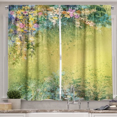 Ambesonne Flower Kitchen Curtains, Spring Foliage with Leaves Hand Drawn Aesthetic Envrionmental Friendly Picture, Window Drapes 2 Panel Set for Kitchen Cafe Decor, 55" x 39", Green