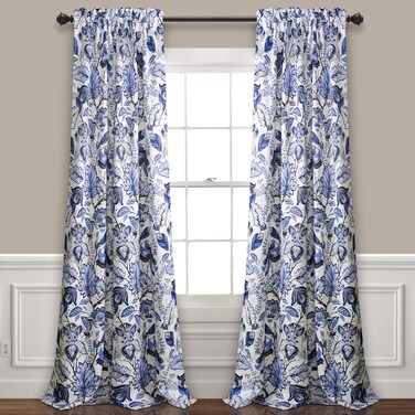 Lush Decor, Blue Cynthia Jacobean Darkening Window Curtains Set for Living, Dining Room, Bedroom, 108" L Panel Pair