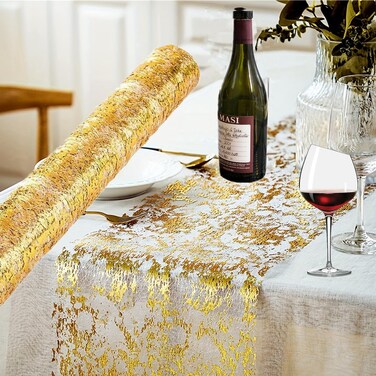 Gold Table Runner, antfees Sequin Glitter Foil Metallic Gold Thin Mesh Table Sparkle Runner Roll 11" x 396" Gold Table Decorations Wedding Birthday Home Table Decor