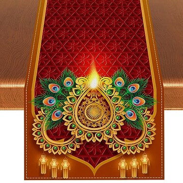 Linen Diwali Table Runner Happy Diwali Tablecloth Indian Deepavali Decor Festival of Lights Decoration and Supplies for Home Kitchen Table-13&Atilde;&mdash;72''