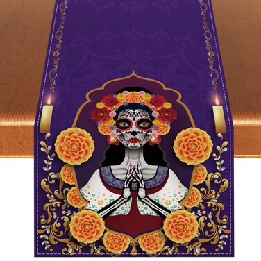 Linen Day of The Dead Table Runner Dia De Los Muertos Tablecloth Sugar Skull Marigold Mexican Fiesta Party Decoration and Supplies for Home Kitchen Table-13&Atilde;&mdash;72''
