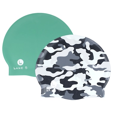 Lane5 Swim - 2-Pack Adult Silicone Swim Cap - Beautiful Designs for Women. Latex Free. Camo Print and Solid Green