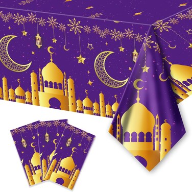 KYMY 3pcs Ramadan Mubarak Tablecloths with 86.6"X51", Eid Mubarak Tablecloths, Disposable Plastic Muslim Tablecovers, Waterproof Rectangle PE Islamic Table Cloths for Eid Mubarak Party Decorations