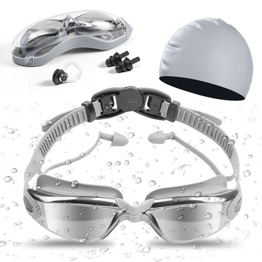 Nieolheoui Swimming Goggles Swimming Cap Set for Adults, UV Protection Lenses Clear Anti-Fog Swim Goggles Waterproof Swimming Cap with Nose Plug Earplug