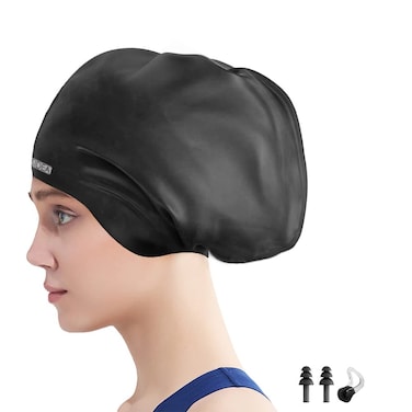 Vsidea Large Swim Cap for Women Men, Durable Silicone Swimming Caps for Long Hair with Ear Protection, Unisex Adults Bathing Caps Swim Hat for Long Thick Curly Hair Dreadlocks Weaves Braids (Black)