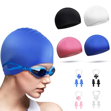 DECYOOL 4 Sets Silicone Swim Cap,Waterproof Swimming Cap with Silicone Nose Clip &amp; Earplugs Cover Ears