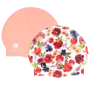 Lane5 Swim - 2-Pack Adult Silicone Swim Cap - Beautiful Designs for Women. Latex Free. Spring Floral Print and Solid Pink