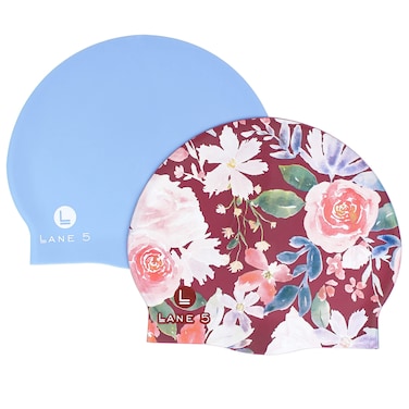 Lane5 Swim - 2-Pack Adult Siline Swim Cap - Beautiful Designs for Women. Latex Free. Maroon Floral and Periwinkle, Maroon Floral Periwinkle