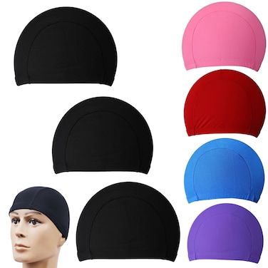 SquEqu 7 Pack Swim Cap Fabric Breathable Swimming Caps Comfort Ultra Thin Elastic Hat for Men Women Adult Older Kids Girls Boys Youth Family Long Short Hair Bathing Training Sports
