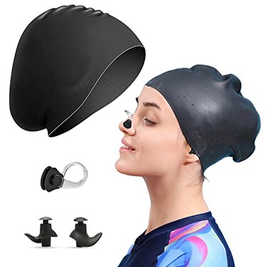 Linwnil Women Silicone Swim Cap for Long Hair, High Elasticity Thick Swimming Hats, Bathing Swimming Caps for Women and Men Keep Your Hair Dry, with Ear Plugs and Nose Clip, Easy to Put On and Off