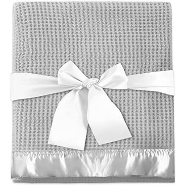 Thermal Waffle Baby Blanket with Satin Trim - Cotton Baby Blankets for Girls Thin Baby Blankets for Boys Thermal Baby Blanket with Satin Trim - Cotton Blanket for Baby Waffle Blanket Baby Soft Blanket