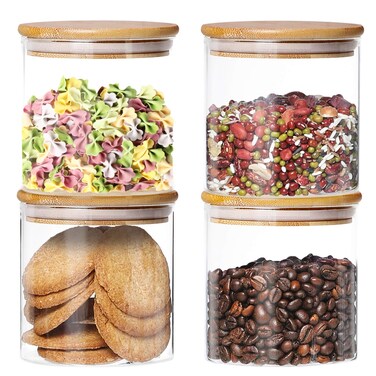Dabacc 4 Pack Glass Jars with Airtight Bamboo Lids, Glass Kitchen Canisters Clear Container for Food Storage of Dry Goods, Cookie, Candy, Spices, Coffee Beans and More, 18.6 OZ
