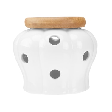 BESTonZON Garlic Keeper for Counter, Garlic Keeper Garlic Storage Garlic Holder with Wooden Lid, White Garlic Jar Garlic Storage Container to Keep Your Garlic Cloves Fresh Longer