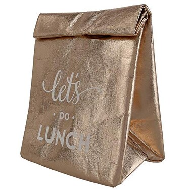 Creative Brands Let's Do Lunch Insulated Paper Lunch Bag, 7 x 10-Inch, Metallic Rose Gold