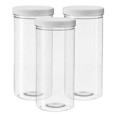 DilaBee 80 Ounce Tall Clear Empty Plastic Jars with Screw-on Lids &amp; Labels - Pack of 3 Large 2.5 quart 10 cup capacity Plastic Cylinder Containers - Food Grade BPA Free Airtight Leak Proof Canisters