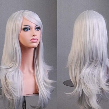 OMORFIEER Womens Long Curly Heat Resistant Wavy Cosplay Wig (Silver White)
