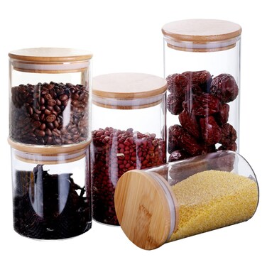MR.FOAM Glass Storage Containers Jars Set,5PC Airtight Glass Canisters Food Jars with Bamboo Lids Stackable Kitchen Canisters For Sugar,Candy, Cookie,Flour, Nuts,Rice, Pasta and Spice Jars