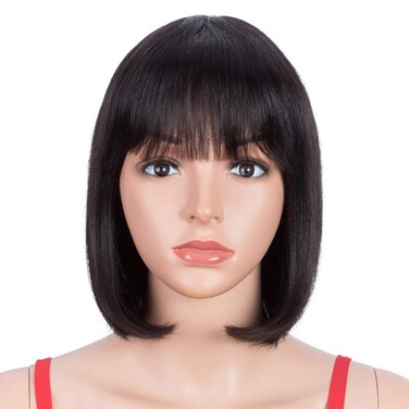 Spotlight 8 Inch Straight Bob Wig with Bangs Human Hair 180% Density Short Bob Human Hair Wigs with Bangs None Lace Front Wigs Brazilian Straight Hair Wig for Black Women Natural Black