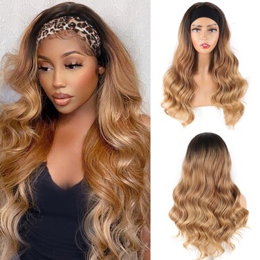 LEOSA Ombre Headband Wig Body Wave Blonde Synthetic Wig with Headband Real Wigs,Long Wavy Ombre Wigs for Black Women Blonde Wavy Headband Wig