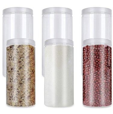 6 Pack 46oz/1360ml Large Plastic Jars with Lid, Wide Mouth Empty Clear PET Storage Containers with Lid, Tall Plastic Candy Cylinder Storage Jars for Dry Food, Peanut, Powder, Kitchen, Snacks