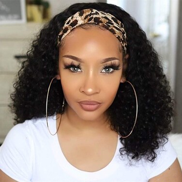 Headband Wigs Curly Human Hair Wigs None Lace Front Wigs with Headband Attached Half Wig for Black Women Brazilian Virgin Hair Machine Made Headbands Wig Natural Hair for Women 150% Density 16 inch