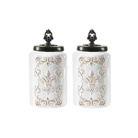 American Atelier Ceramic Canister Set 2-Piece Jars Chic Design w/Airtight Stainless Steel Lids for Cookies, Candy, Coffee, Flour, Sugar, Rice, Pasta, Cereal &amp; More - Large, white, 2 large