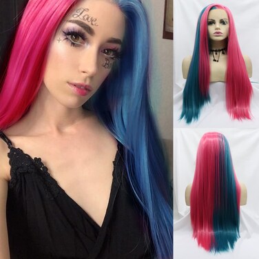 Pink Blue Wig Lace Front Wigs for Women Long Straight Soft Half Hot Pink Blue Rainbow Wig Rose Red Handmade Synthetic Wig Pre Plucked Hairline Glueless Synthetic Heat Resistant Hair Cosplay 24 Inch