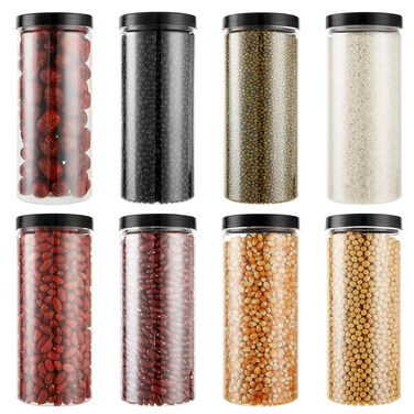 LISHINE 8 Pack 32 oz Plastic Jars with Lids Clear Airtight Food Storage Jars with Lids Reusable Round Empty Plastic Cylinder Container with Black Lids for Kitchen Food &amp; Home Storage of Cookie