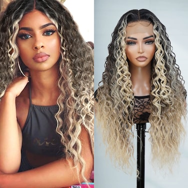 GLAM21USA HD Lace Front 13X6 Transparent Lace Frontal Wig Deep Wave Preplucked Human Hair Blend Long Curly Swiss-Lace Heat Friendly Synthetic Wigs - Isis (Neutral-Lace, MOP1B/BLONDE)