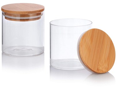 8 oz Borosilicate Clear Glass Jar with Wooden Bamboo Silicone Sealed Lid (2 Pack)