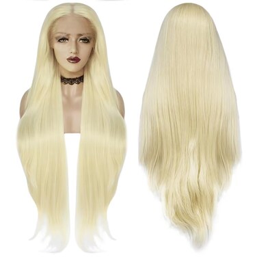 Ebingoo 38 Inches Blonde Lace Front Wig + Wig Cap 613 Platinum Blonde Wig For Women Girls Long Honey Blonde Lace Front Wig Synthetic Hair Wigs Middle Part Straight Glueless Wig For Daily Wear