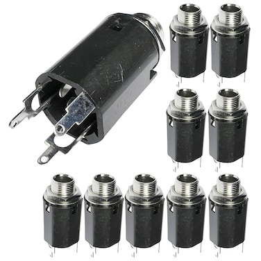 CESS 1/4 Inch Stereo TRS/Mono TS Audio Female Socket Connector Panel/Chassis Mount - 6.35mm Socket, 10 Pack, Black Cylindrical Plastic Housing