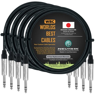 WORLDS BEST CABLES 4 Units - 5 Foot - Balanced TRS Patch Cable Custom Made Using Mogami 2549 (Black) Wire and Neutrik NP3X TRS Stereo Plugs