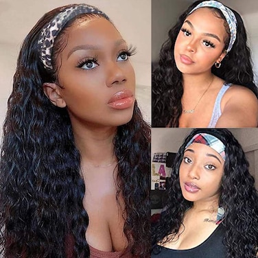 Headband Wig Water Wave Human Hair Band Wig 24inch 9A Brazilian Wet and Wavy Human Hair Wigs With Elastic Hair Band 150% Density Water Deep Curly Wavy Human Hair Half Easy Wear Wig Natural Hairline