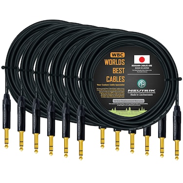 WORLDS BEST CABLES 6 Units - 50 Foot - Balanced TRS Patch Cable Custom Made Using Mogami 2549 (Black) Wire and Neutrik NP3X-B Gold TRS Stereo Plugs