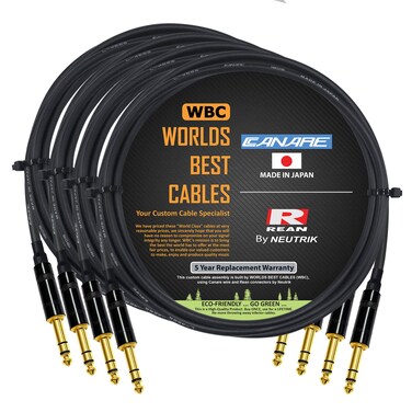 4 Units - 6 Foot - Canare L-4E6S Star Quad, Patch Cable terminated with Neutrik-Rean NYS &Acirc;&frac14; Inch (6.35mm) Gold TRS Stereo Phone Plugs - CUSTOM MADE By WORLDS BEST CABLES.