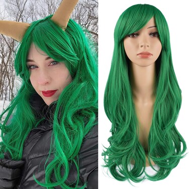TOFAFA Green Wigs for Women Long Curly Wavy Wig, Synthetic Heat Resistant Wig Anime Hairpiece for Daily St. Patrick's Day Cosplay Theme Party Gift(Green Wig 24 inch)