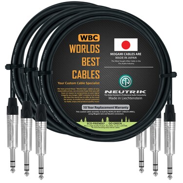 WORLDS BEST CABLES 3 Units - 5 Foot - Balanced TRS Patch Cable Custom Made Using Mogami 2549 (Black) Wire and Neutrik NP3X TRS Stereo Plugs