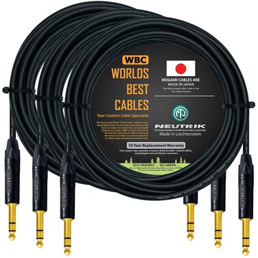 WORLDS BEST CABLES 3 Units - 35 Foot - Balanced TRS Patch Cable Custom Made Using Mogami 2549 (Black) Wire and Neutrik NP3X-B Gold TRS Stereo Plugs