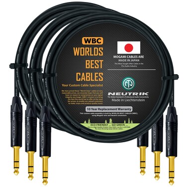 WORLDS BEST CABLES 3 Units - 3 Foot - Balanced TRS Patch Cable Custom Made Using Mogami 2549 (Black) Wire and Neutrik NP3X-B Gold TRS Stereo Plugs