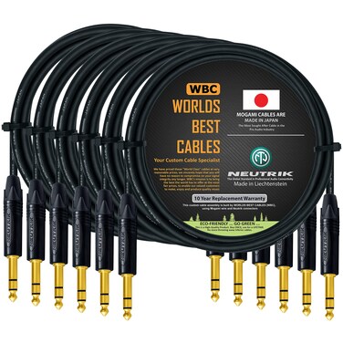 WORLDS BEST CABLES 6 Units - 3 Foot - Balanced TRS Patch Cable Custom Made Using Mogami 2549 (Black) Wire and Neutrik NP3X-B Gold TRS Stereo Plugs