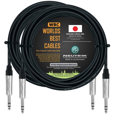 WORLDS BEST CABLES 2 Units - 30 Foot - Balanced TRS Patch Cable Custom Made Using Mogami 2549 (Black) Wire and Neutrik NP3X TRS Stereo Plugs