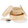 Potted Pans Bamboo Steamer Basket for Dumplings, Dim Sum, Bao Bun - 10in Japanese, Korean, Chinese Vegetable Steamer for Wok - Includes 2 Tier Cooking Steamer, Liners, Chopsticks, and Sauce Dish